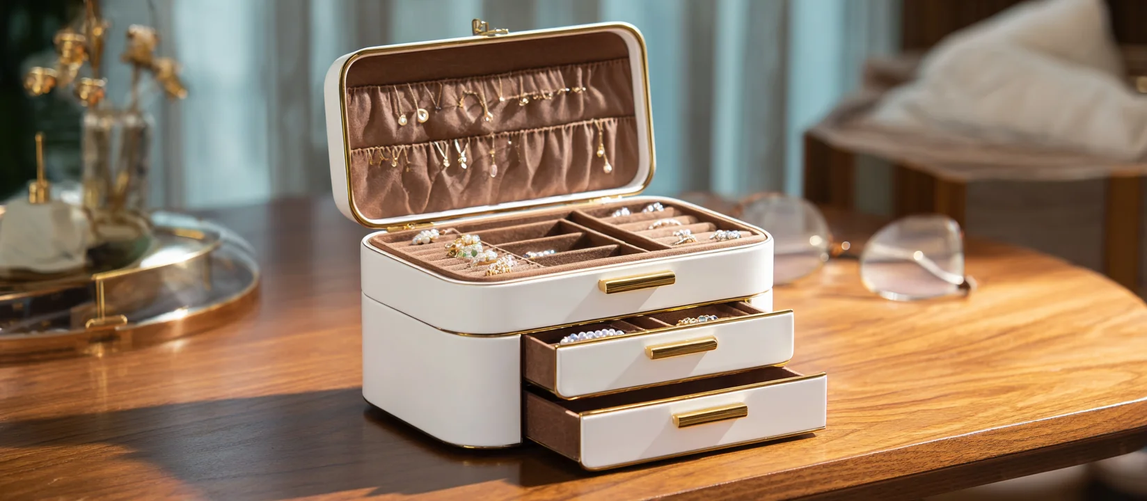 An elegant, three-tier jewelry box, a prime example of stacker jewelry boxes, open to show a neat earrings display and bracelet displays.